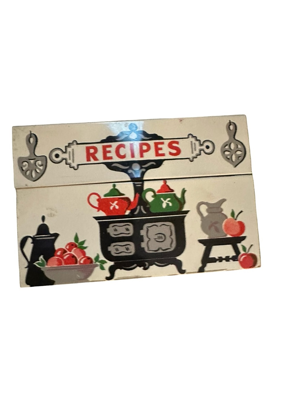Recipe Box Metal Vintage Cottage Core Stylecraft No805 Cast Iron Stove Kitchen